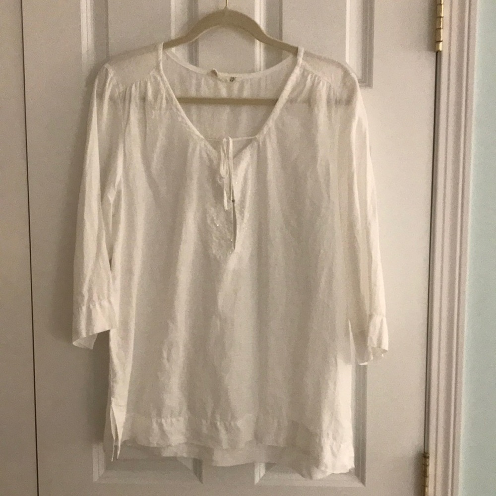 Eileen Fisher White 100% Irish Linen Blouse Top Bugle Beads on Bodice
